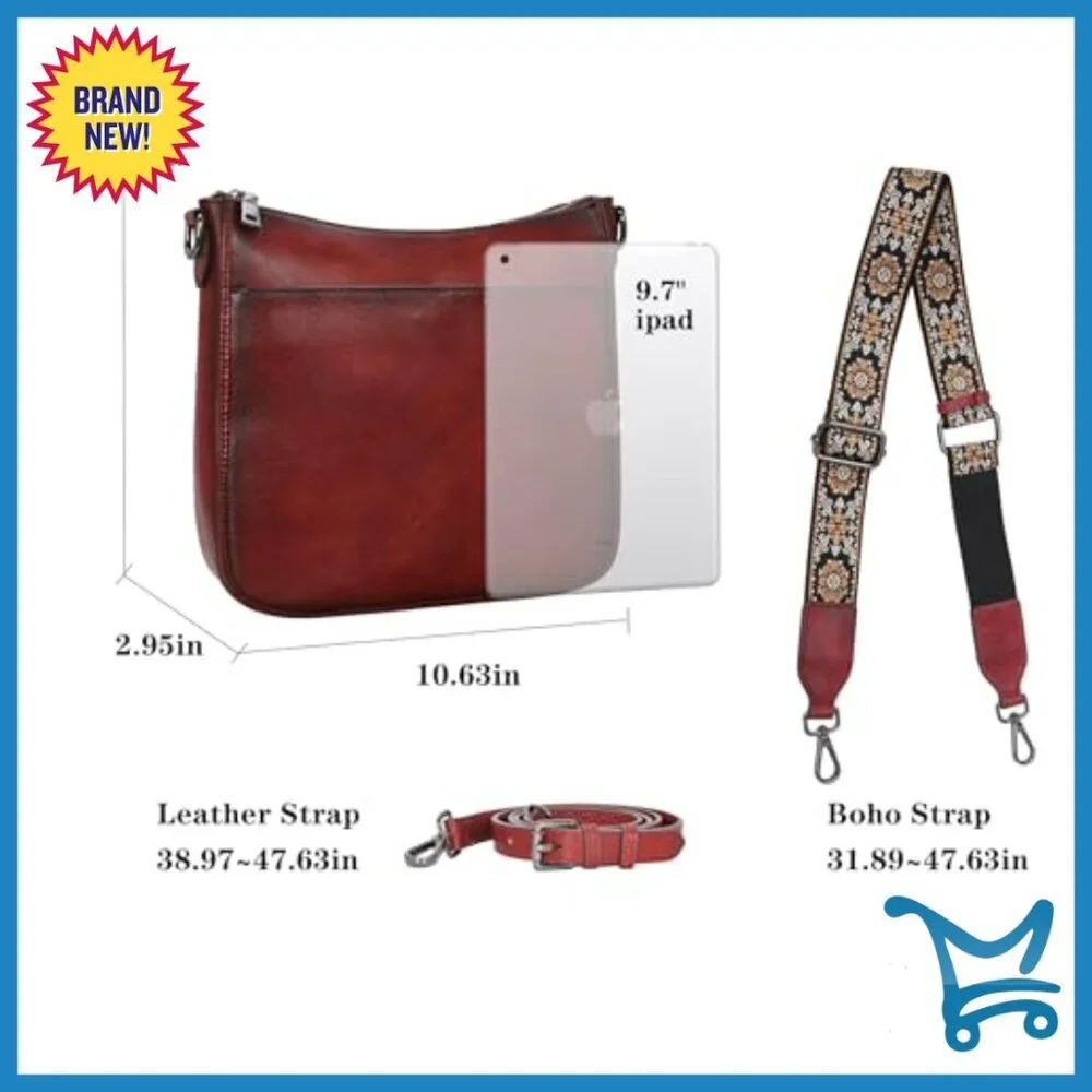 Genuine Leather Crossbody Bag with Guitar Strap, Multi-Pocket Hobo Purse